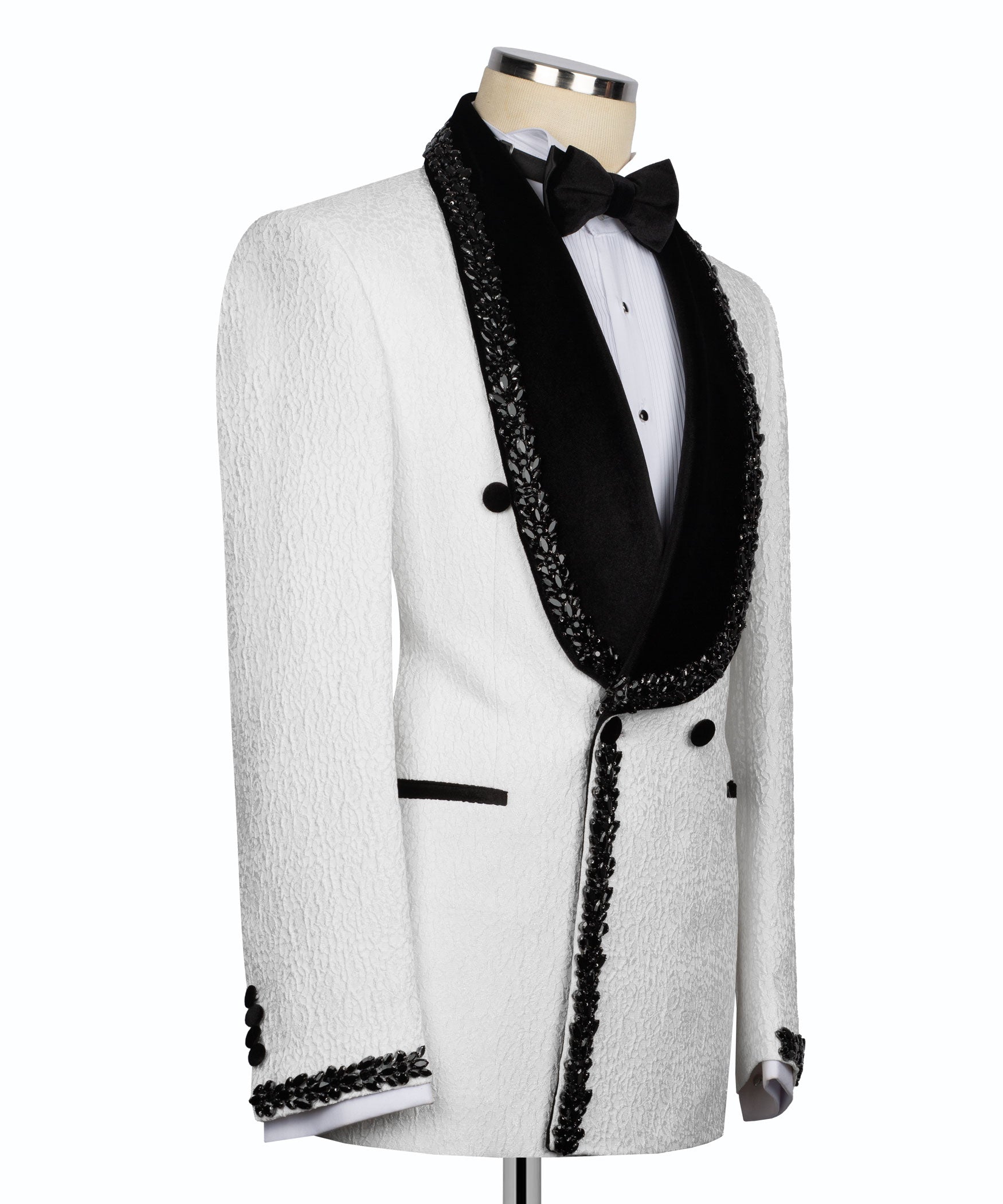 Black-beaded trim tuxedo jacket, satin lapels, bow tie with white shirt front