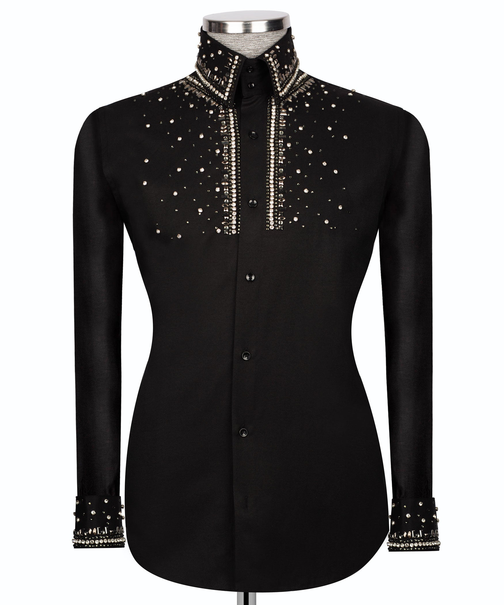 Men's black long-sleeve shirt with stone-embellished collar and front, button-up