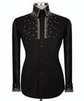 Men's black long-sleeve shirt with rhinestone-embroidered stand collar