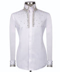 White long-sleeve casual shirt with stone-studded cuffs and button front
