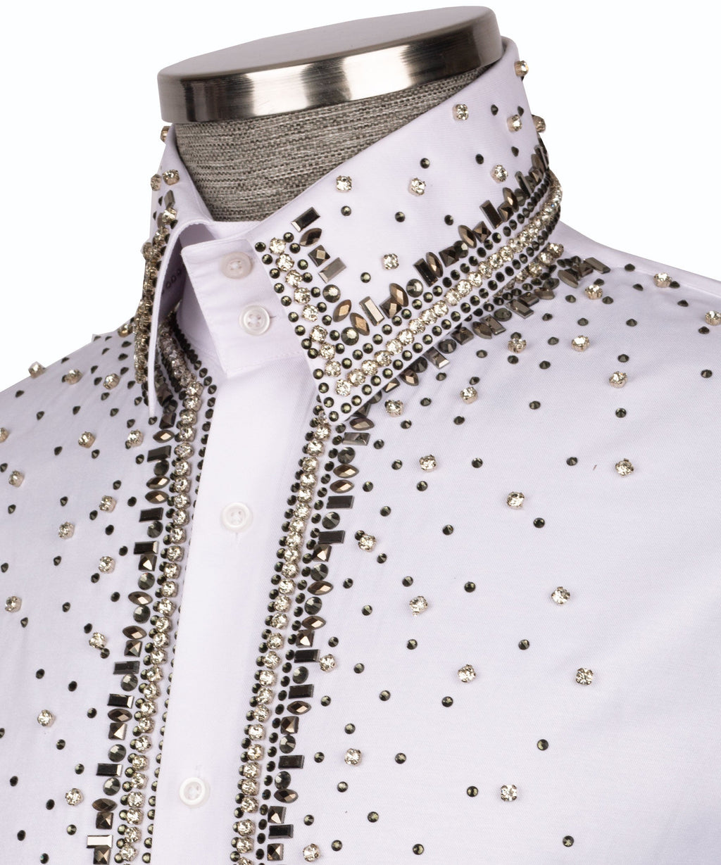 Embellished collar on white stone-embroidered shirt with rhinestone detail