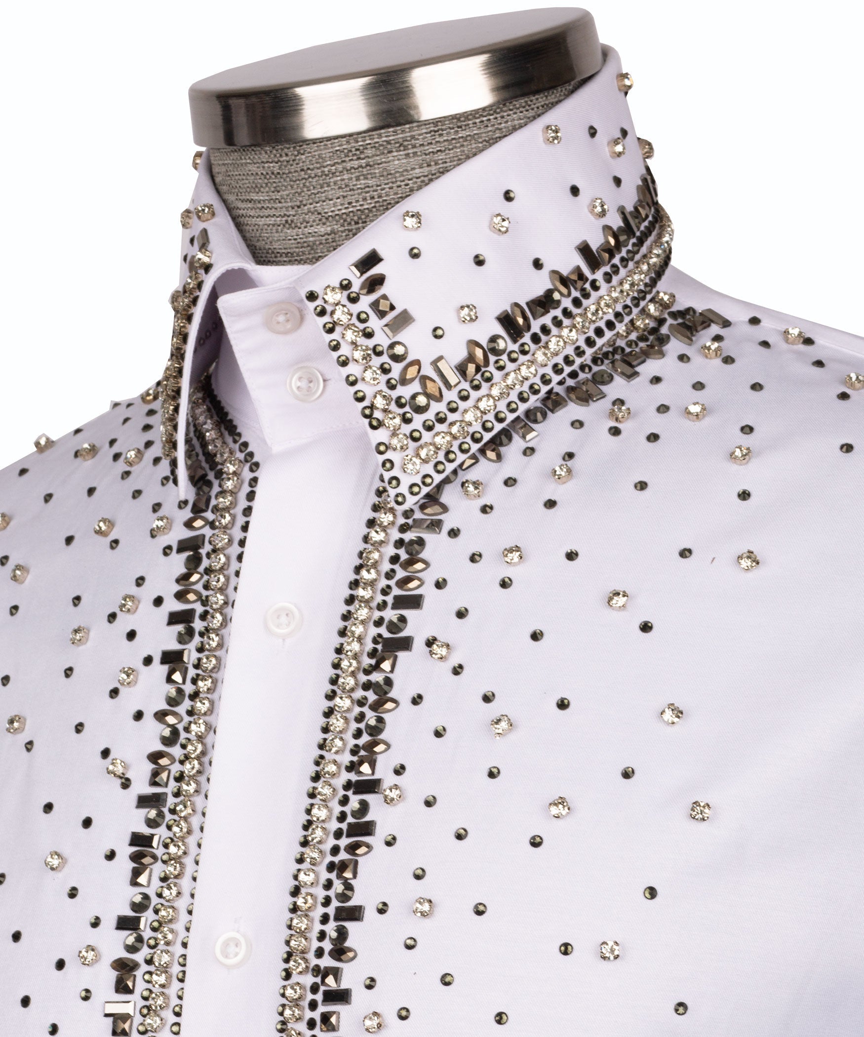 Embellished collar on white stone-embroidered shirt with rhinestone detail