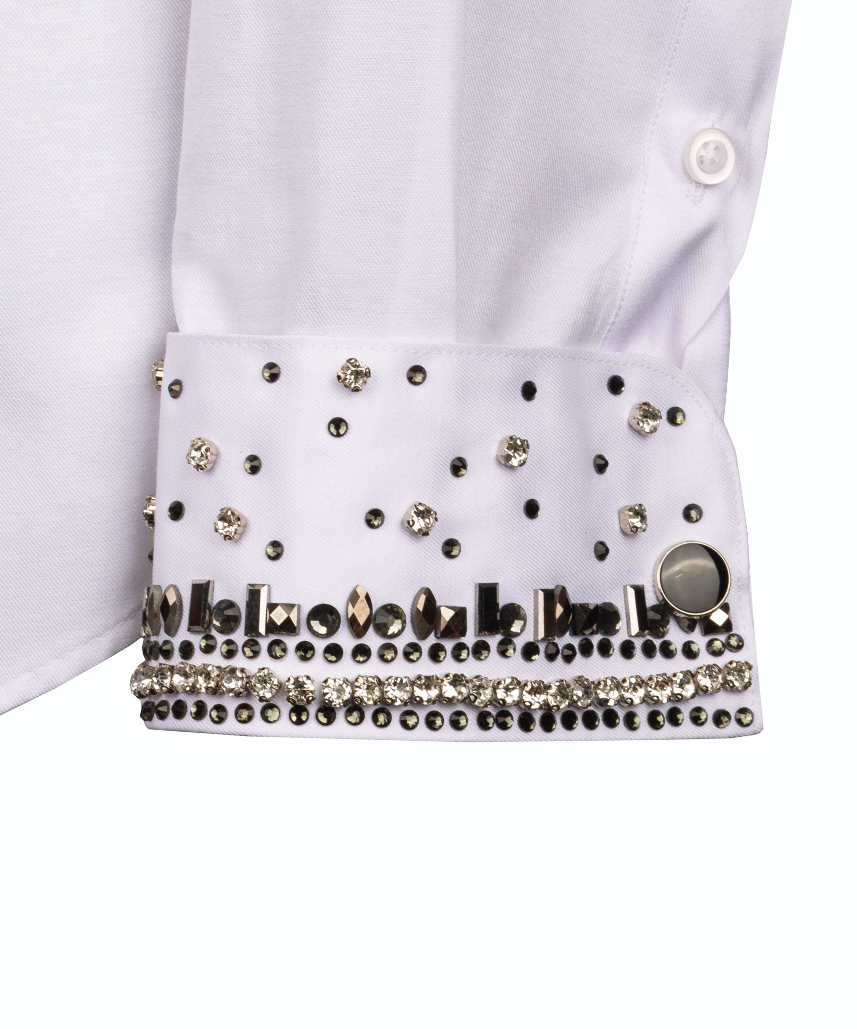 White shirt cuff with studded stone embroidery and rhinestone band trim