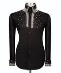 Black formal button-down shirt with stone-embellished front placket and collar