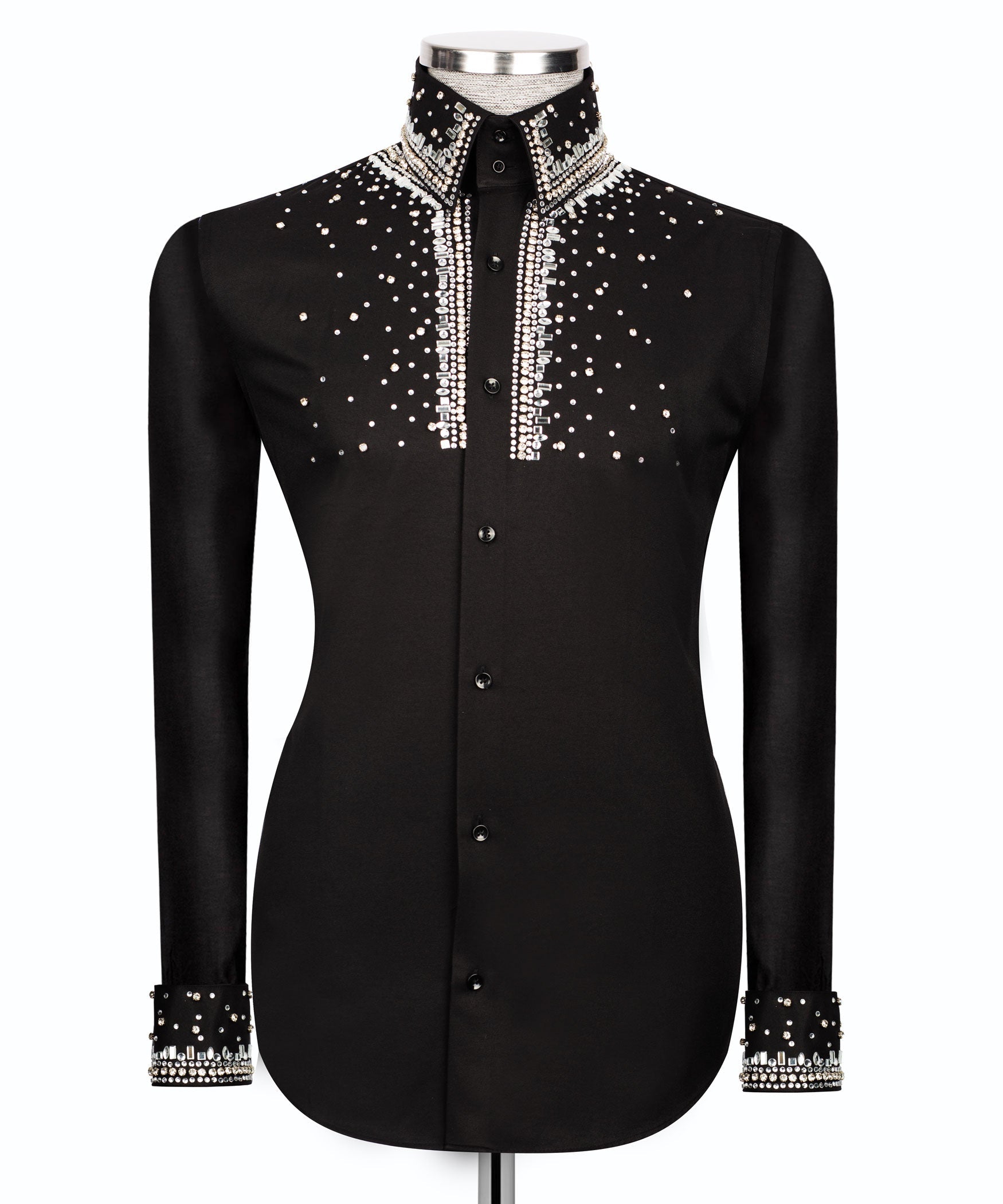 Black formal button-down shirt with stone-embellished front placket and collar