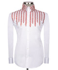 Koss Atelier white formal shirt featuring a collar and chest adorned with cascading red crystal bead embellishments.