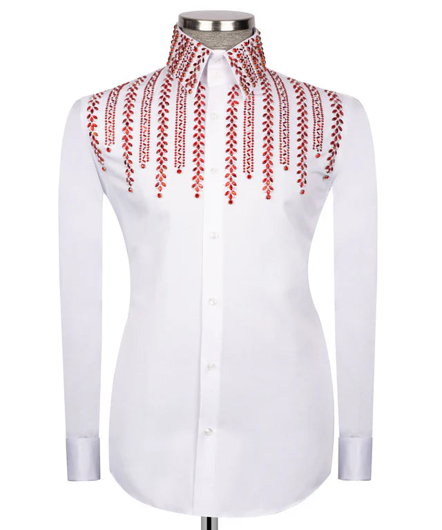 Koss Atelier white formal shirt featuring a collar and chest adorned with cascading red crystal bead embellishments.