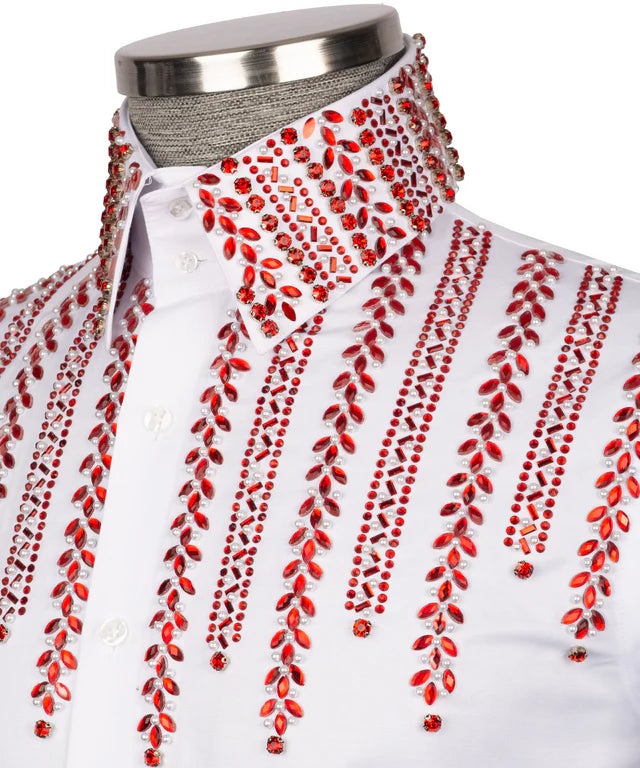 Koss Atelier white dress shirt with vertical beaded patterns of red crystals and small pearls on collar and front.