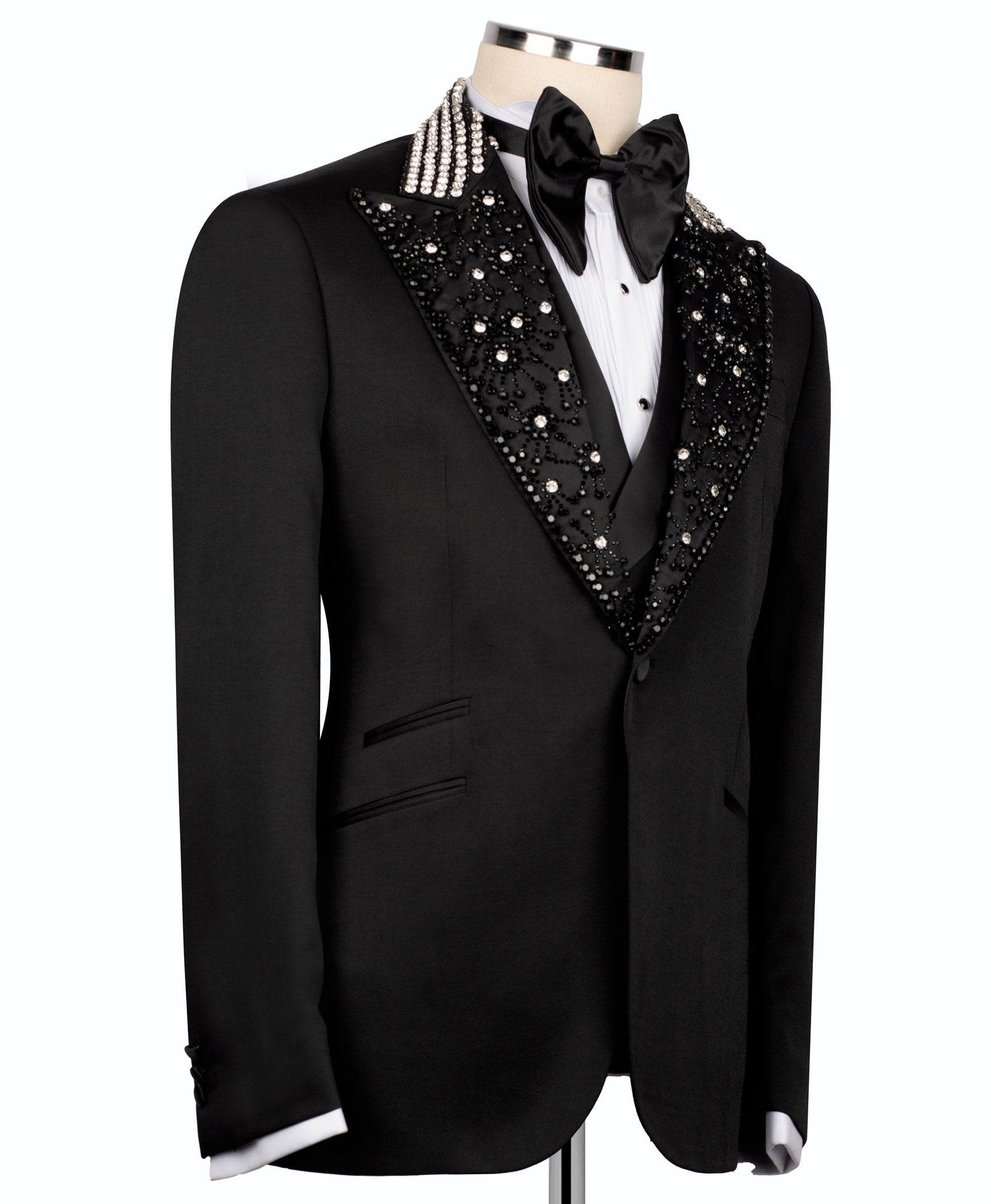 Black tuxedo jacket with rhinestone-embellished lapels and satin bow tie