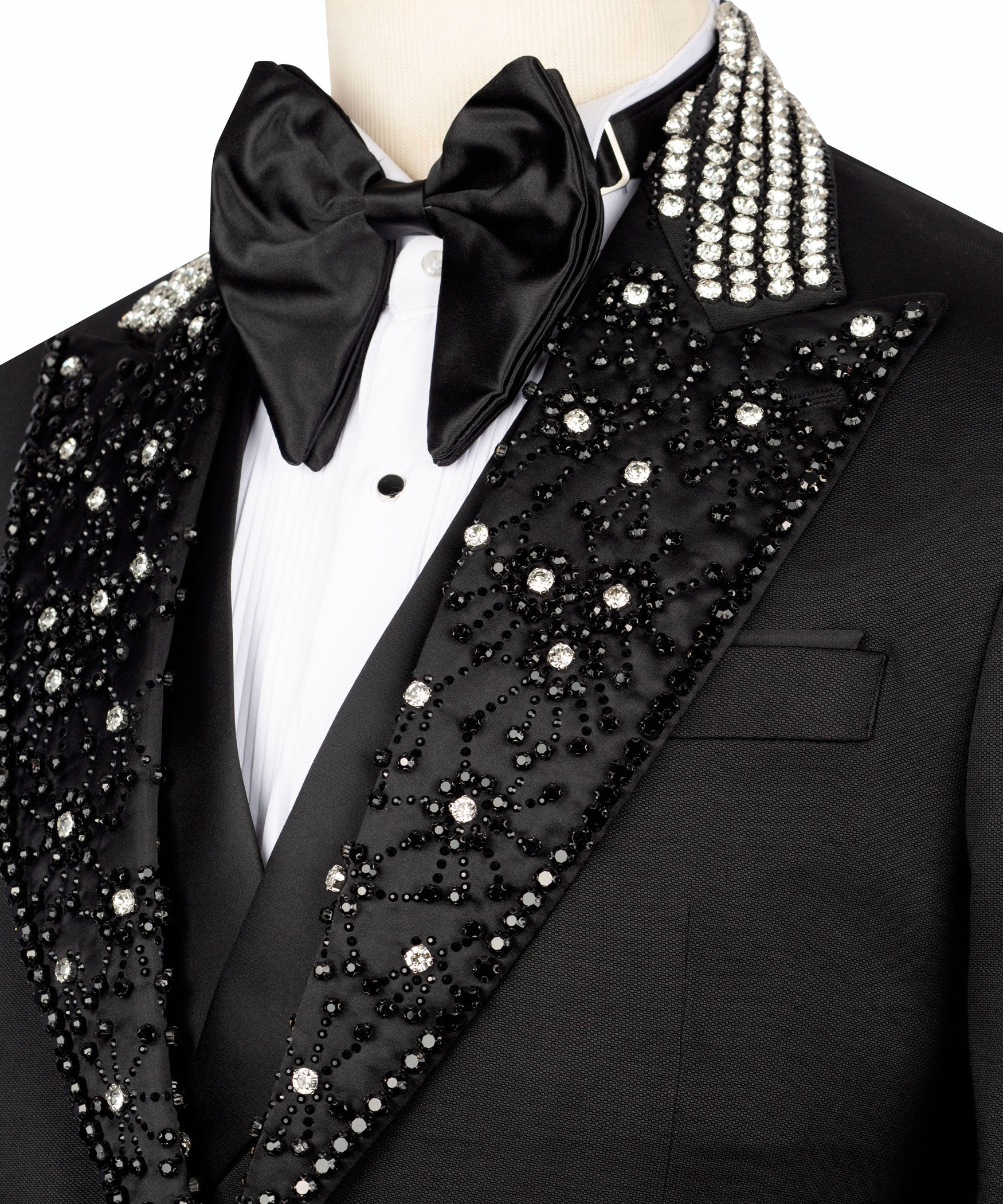 Tuxedo bow tie and white shirt with sparkling embroidered collar trim