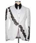 White tuxedo jacket with black stone-embellished satin trim and black bow tie