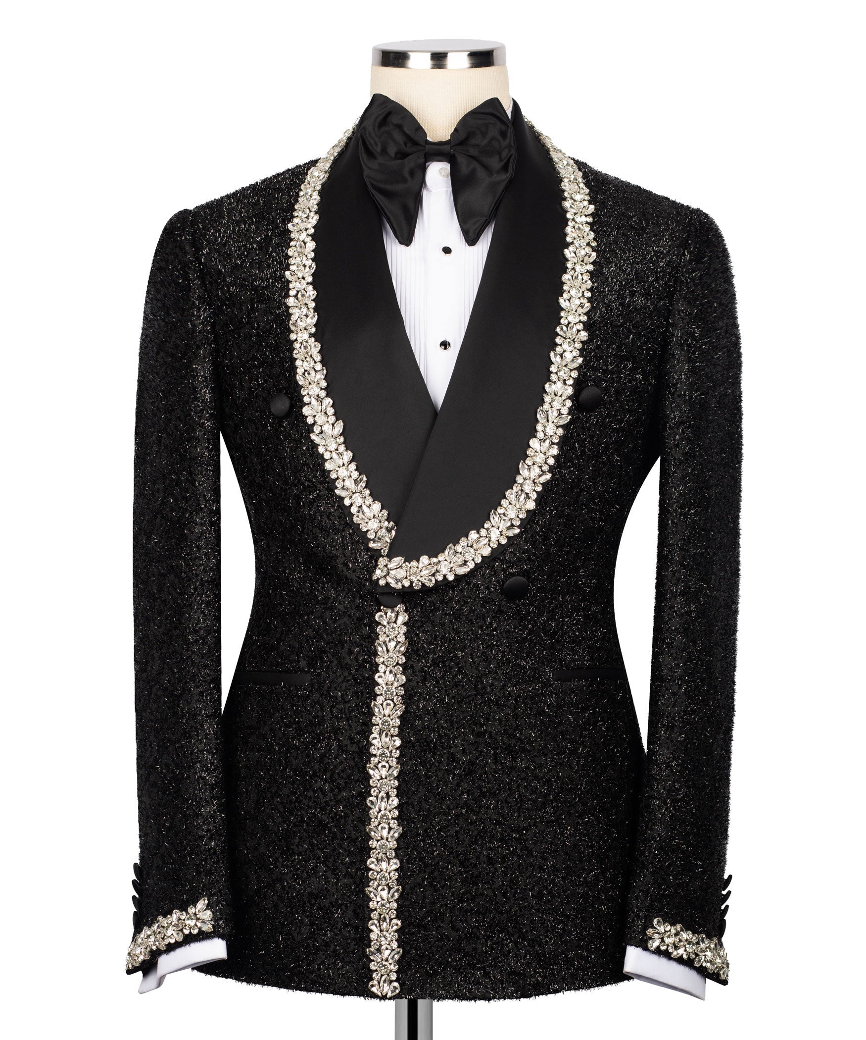 Black tuxedo jacket with rhinestone trim, bow tie collar, and jeweled front accents