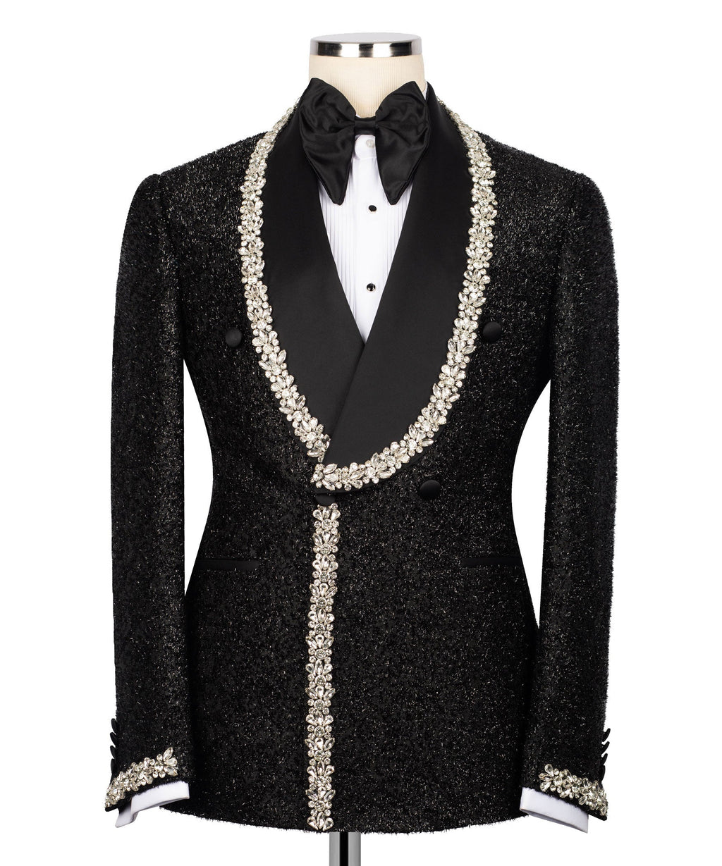 Black formal tuxedo jacket set with crystal-like stone trim, bow tie, and vest
