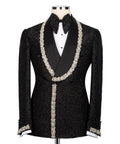 Black formal tuxedo jacket set with crystal-like stone trim, bow tie, and vest