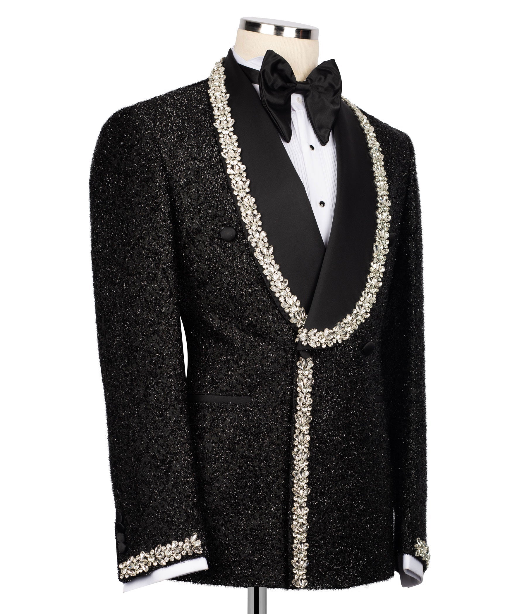 Black tuxedo jacket with crystal-stone embroidered lapel trim and satin bow tie