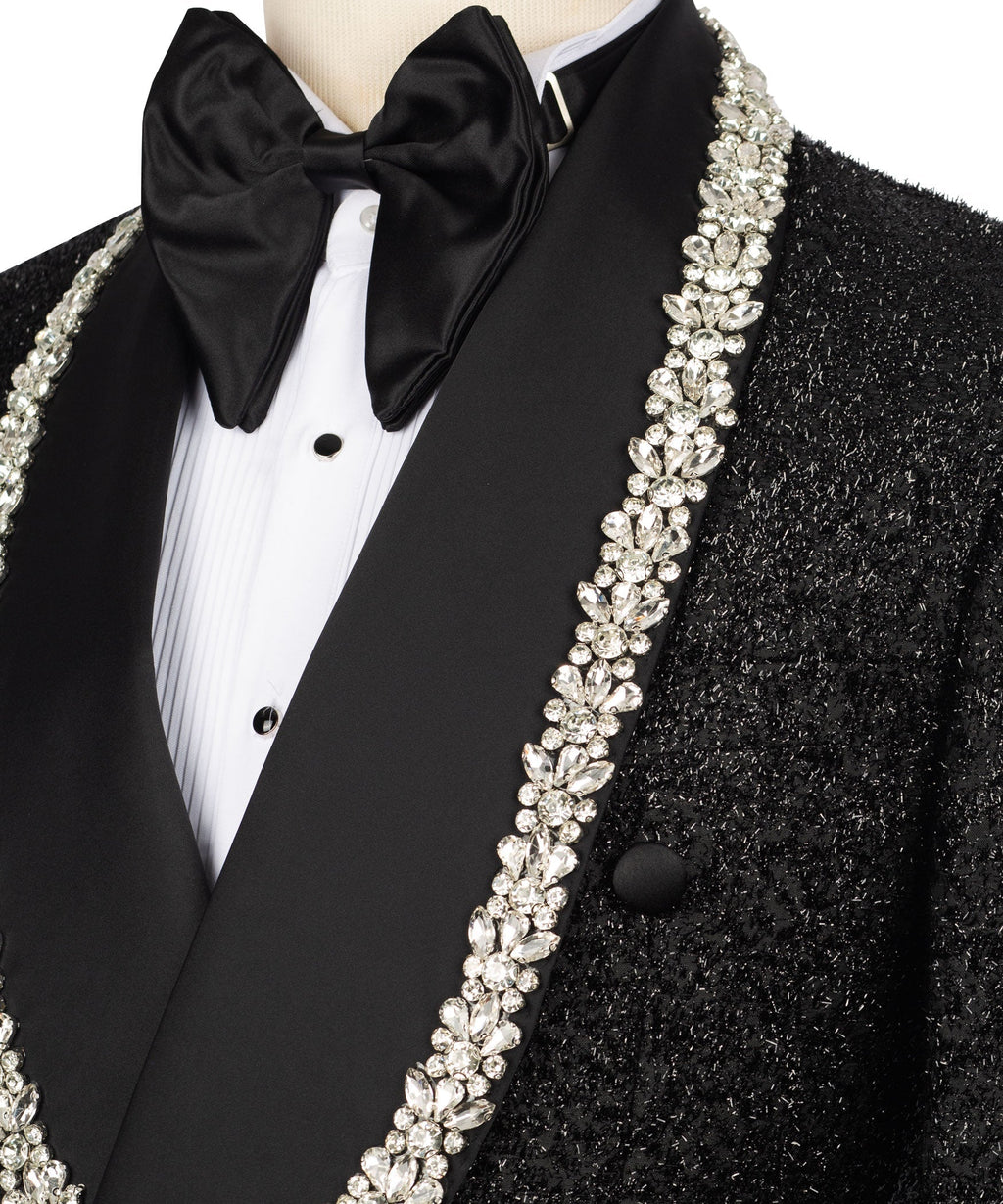 Black satin bow tie and crystal-stone embroidered lapel on tuxedo jacket