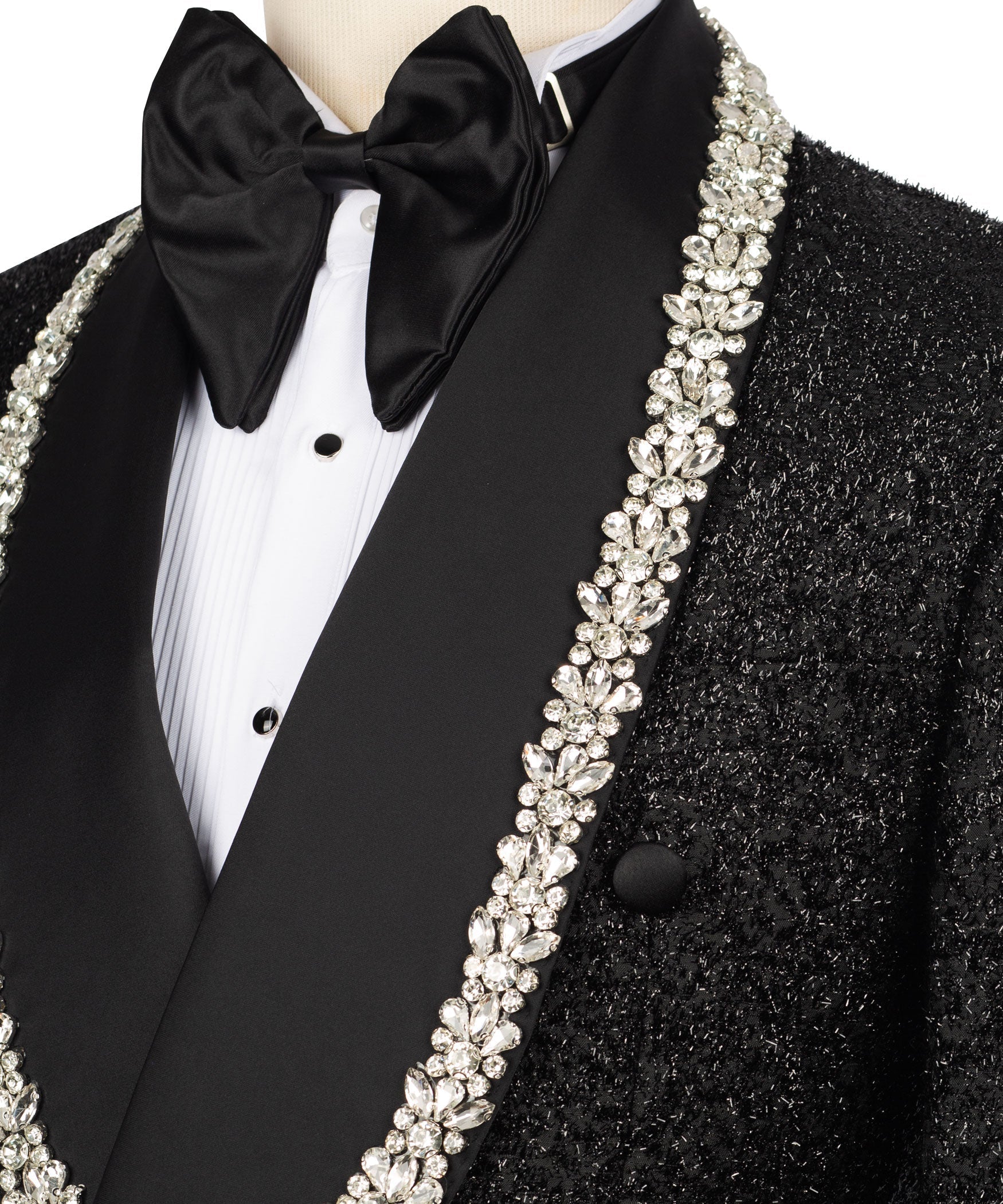 Black satin bow tie and crystal-stone embroidered lapel on tuxedo jacket