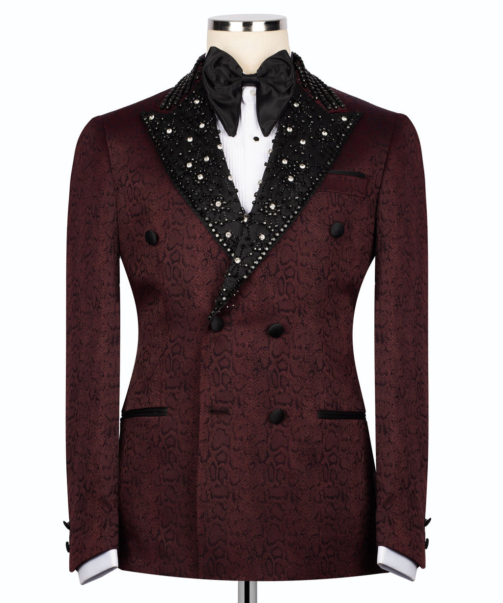 Maroon tuxedo jacket with beaded black embroidered shawl collar and bow tie