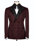Maroon tuxedo jacket with beaded black embroidered shawl collar and bow tie