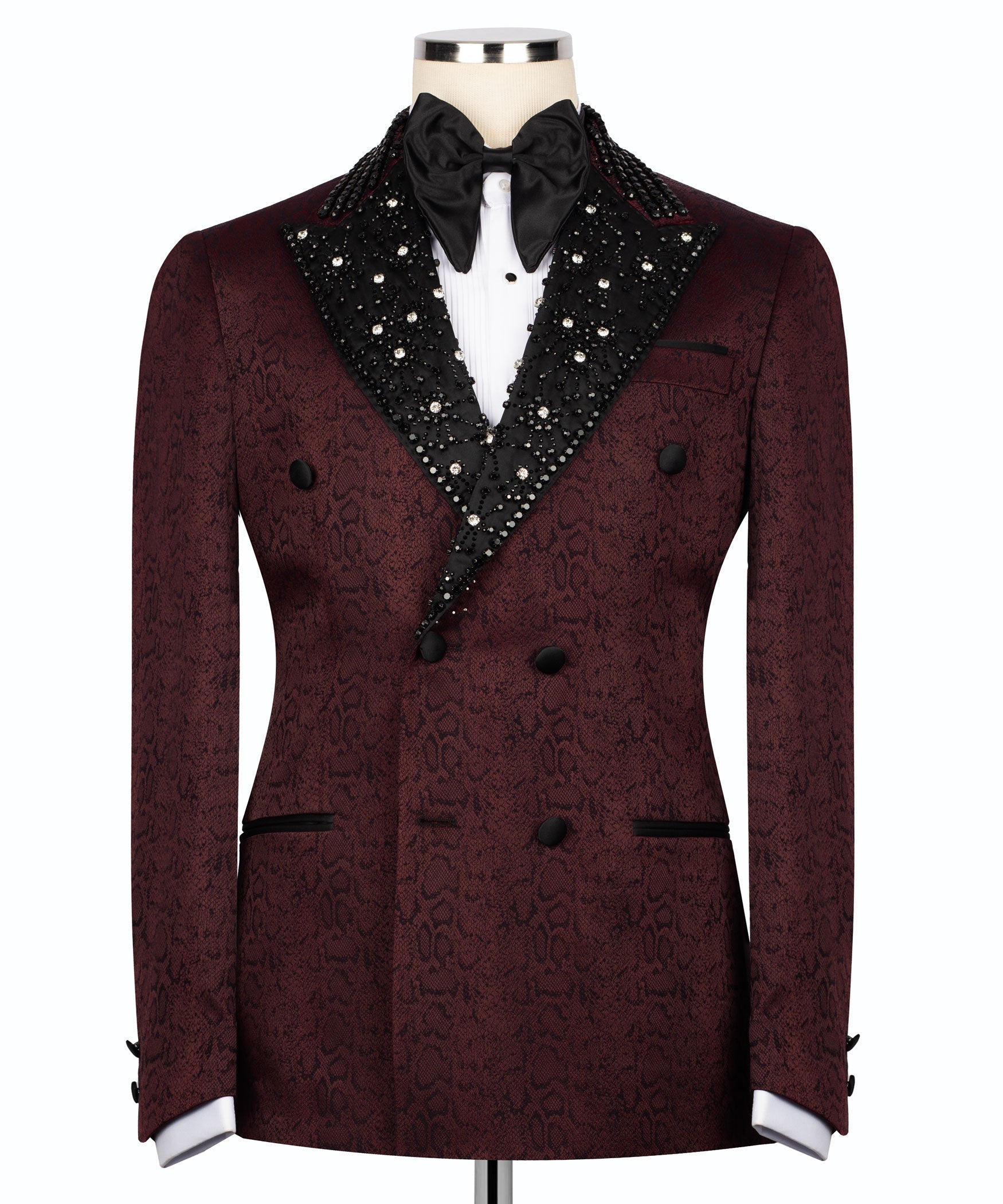Maroon tuxedo jacket with beaded black embroidered shawl collar and bow tie