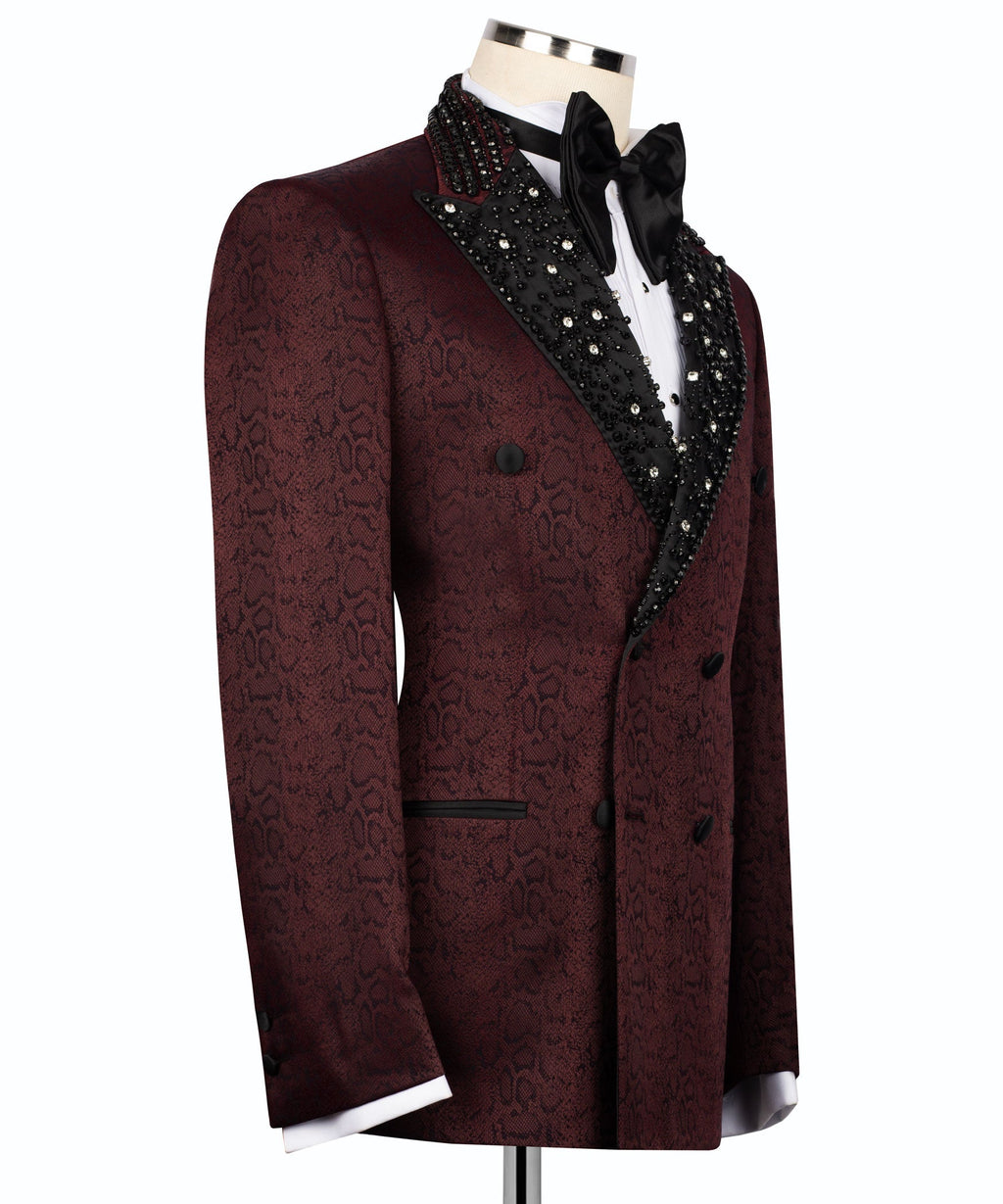 Burgundy tuxedo jacket with double-breasted front, black beaded lapel, satin bow