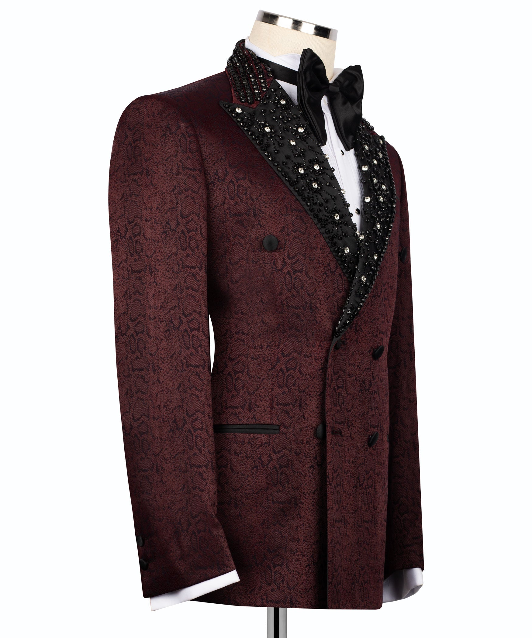 Burgundy tuxedo jacket with double-breasted front, black beaded lapel, satin bow