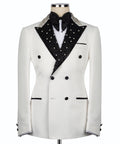 White tuxedo jacket with black embroidered shawl collar and satin bow tie, double-breasted buttons