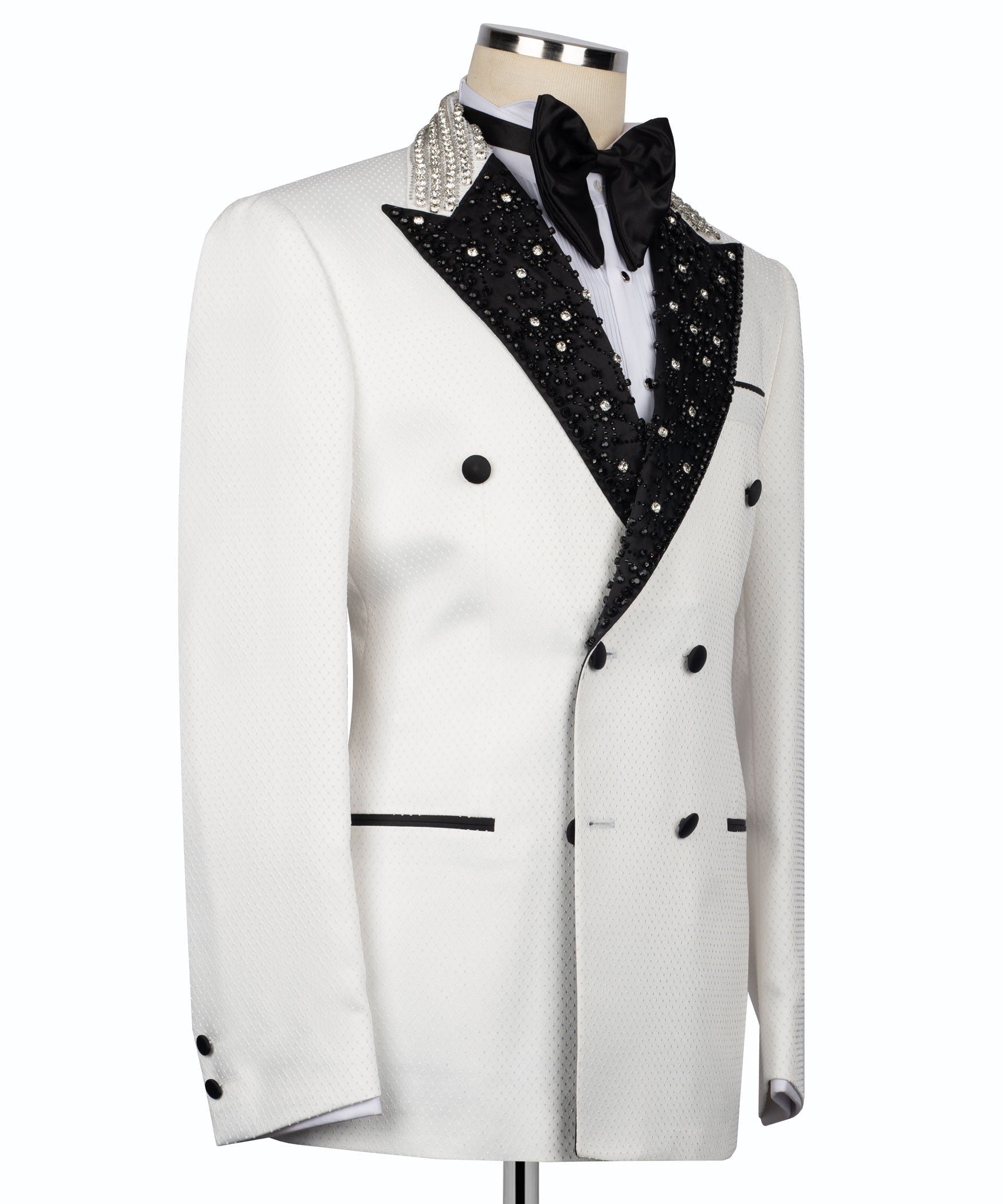 White tuxedo jacket, black sequin shawl collar with satin bow tie and chest pocket detail