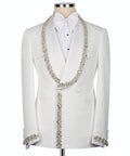 White tuxedo with silver stone-embroidered trim, bow tie, and waistcoat