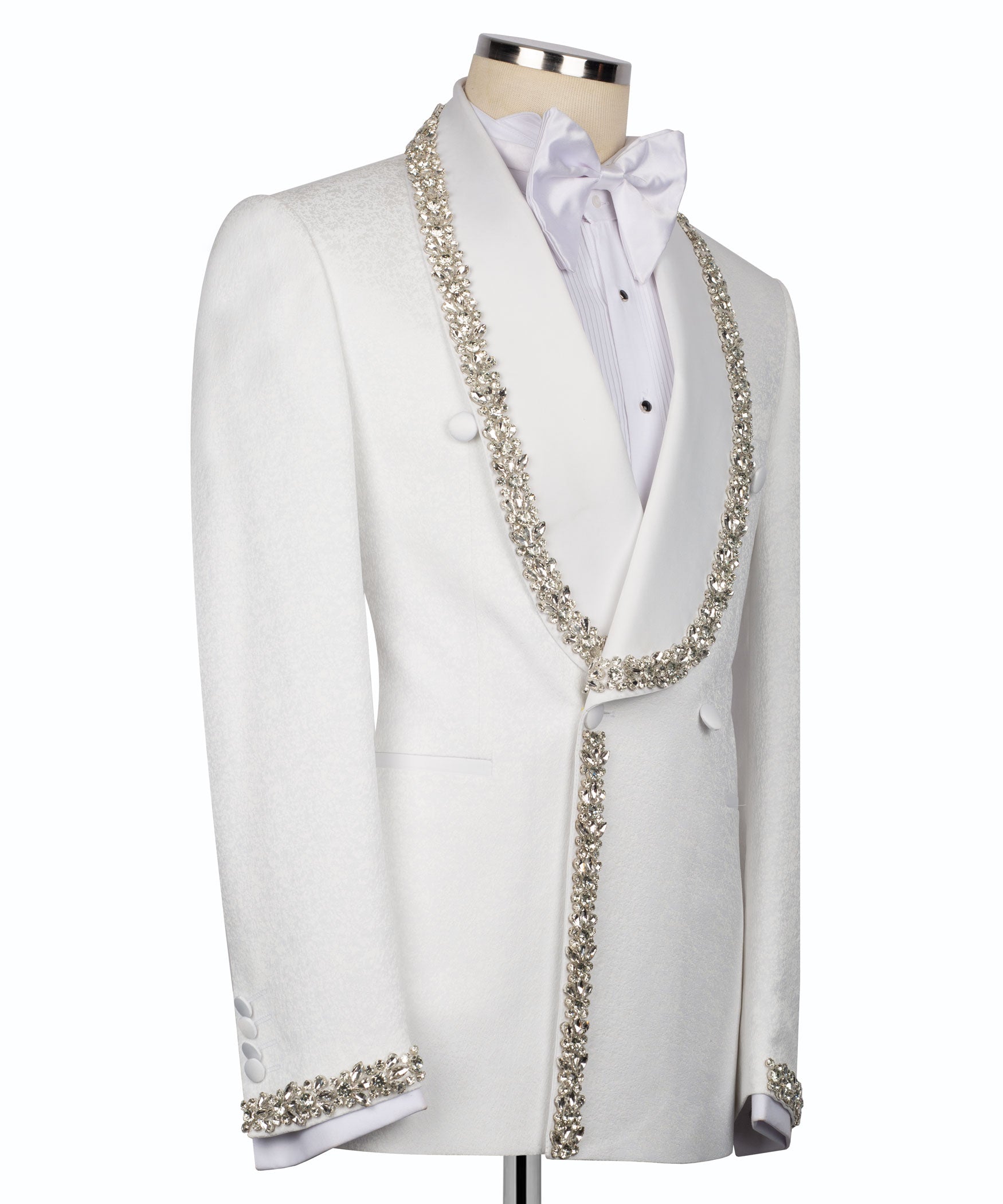 White tuxedo jacket front with silver stone-embroidered cord trim and bow tie