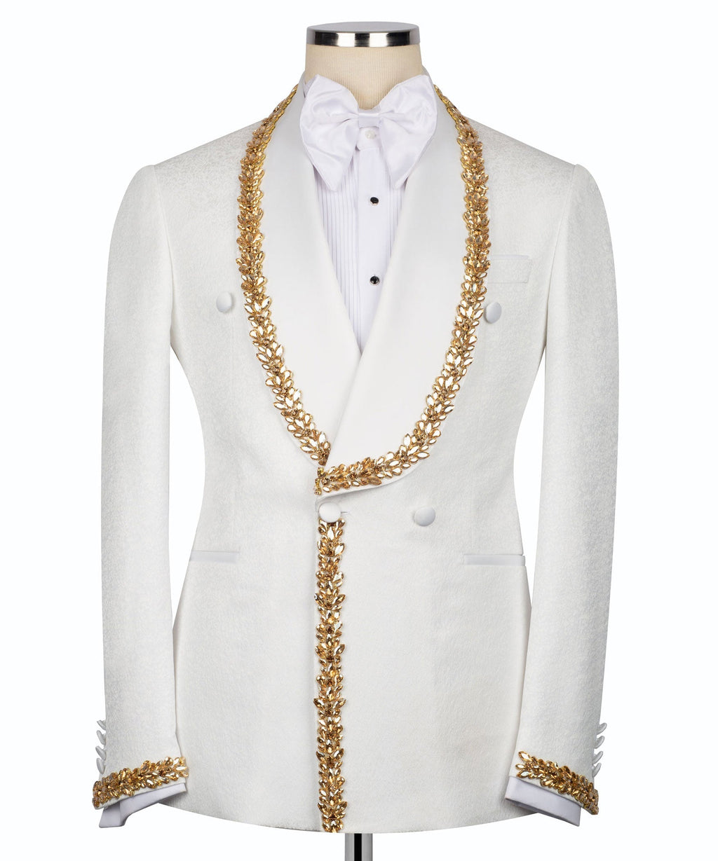 White tuxedo jacket with gold embroidered chain trim and bow-tied shirt front