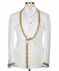 White tuxedo jacket with gold embroidered chain trim and bow-tied shirt front
