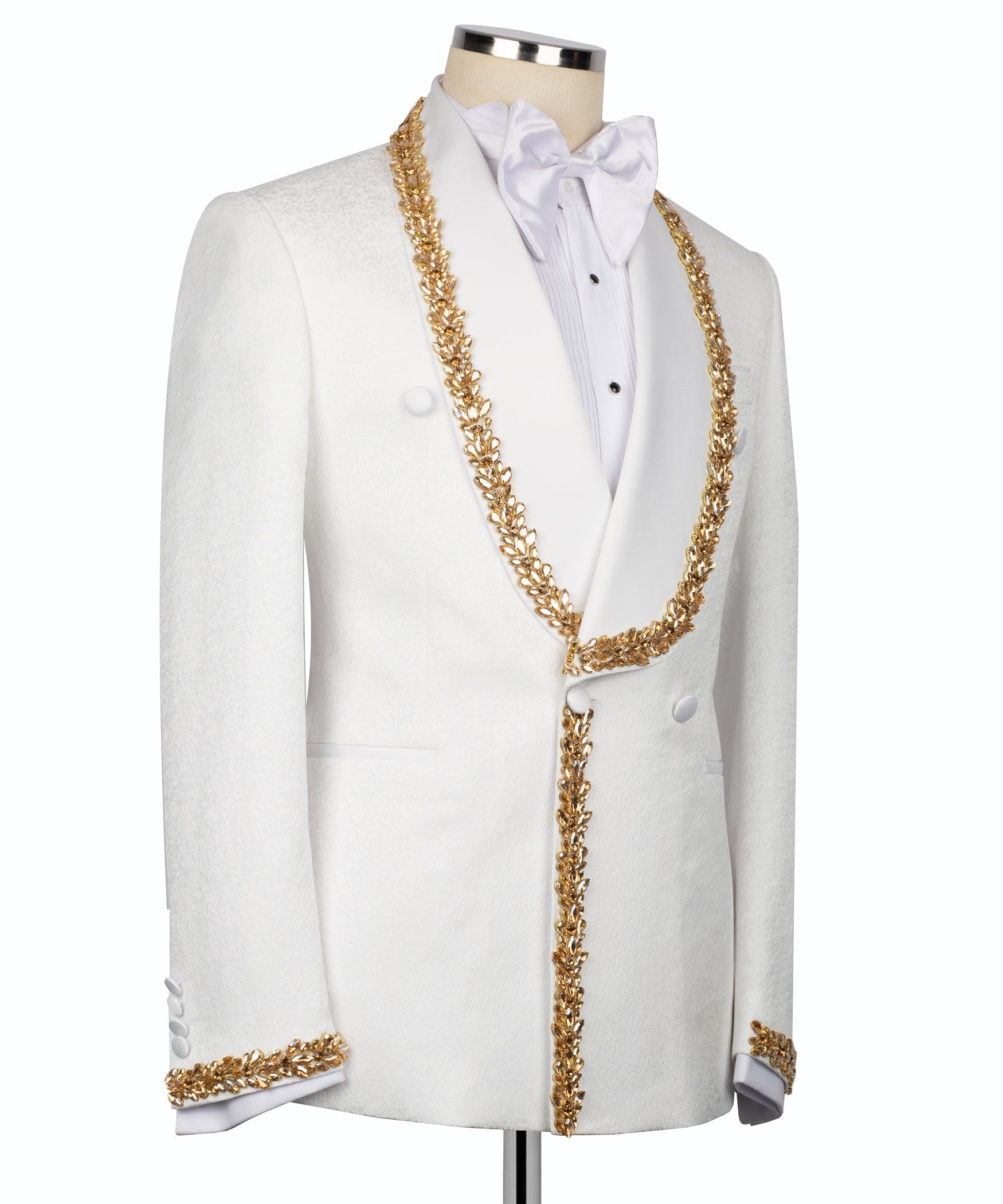 White tuxedo jacket with gold beaded chain trim and bow-tied shirt front