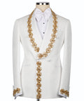 White tuxedo jacket with gold floral trim, bow tie, and front buttons