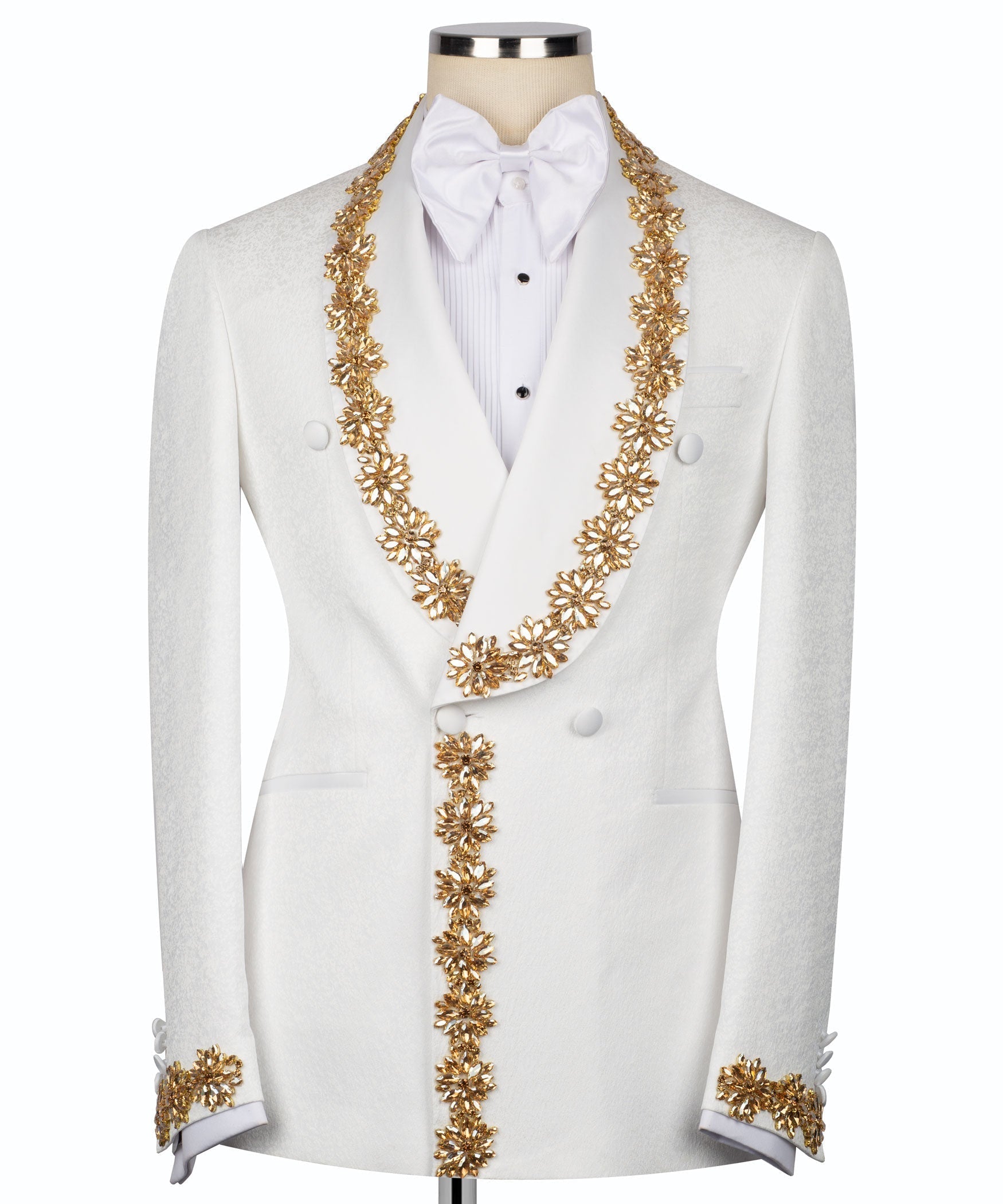 White tuxedo jacket with gold floral trim, bow tie, and front buttons