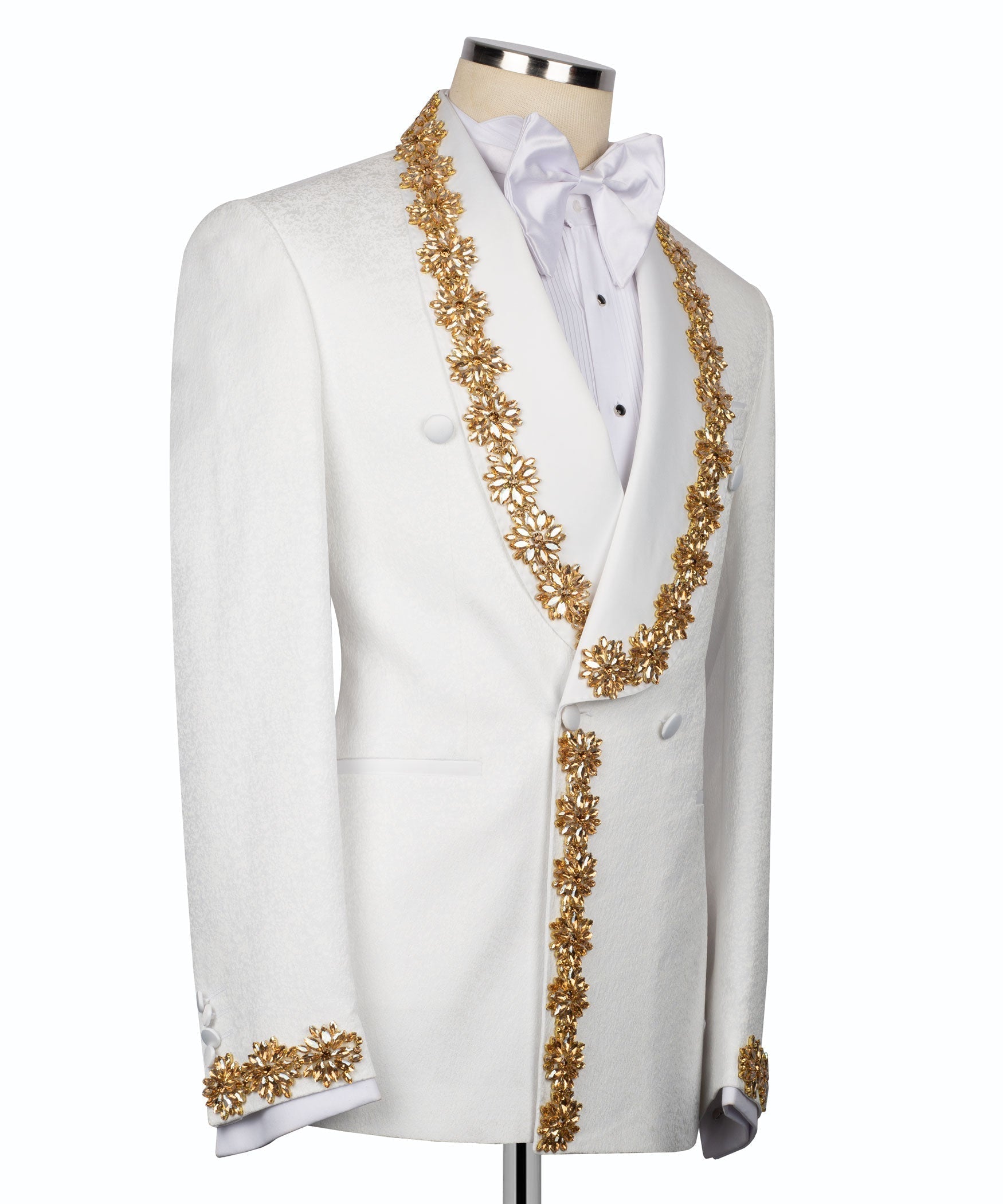 White tuxedo jacket with gold embellished lapels and trim, front buttons