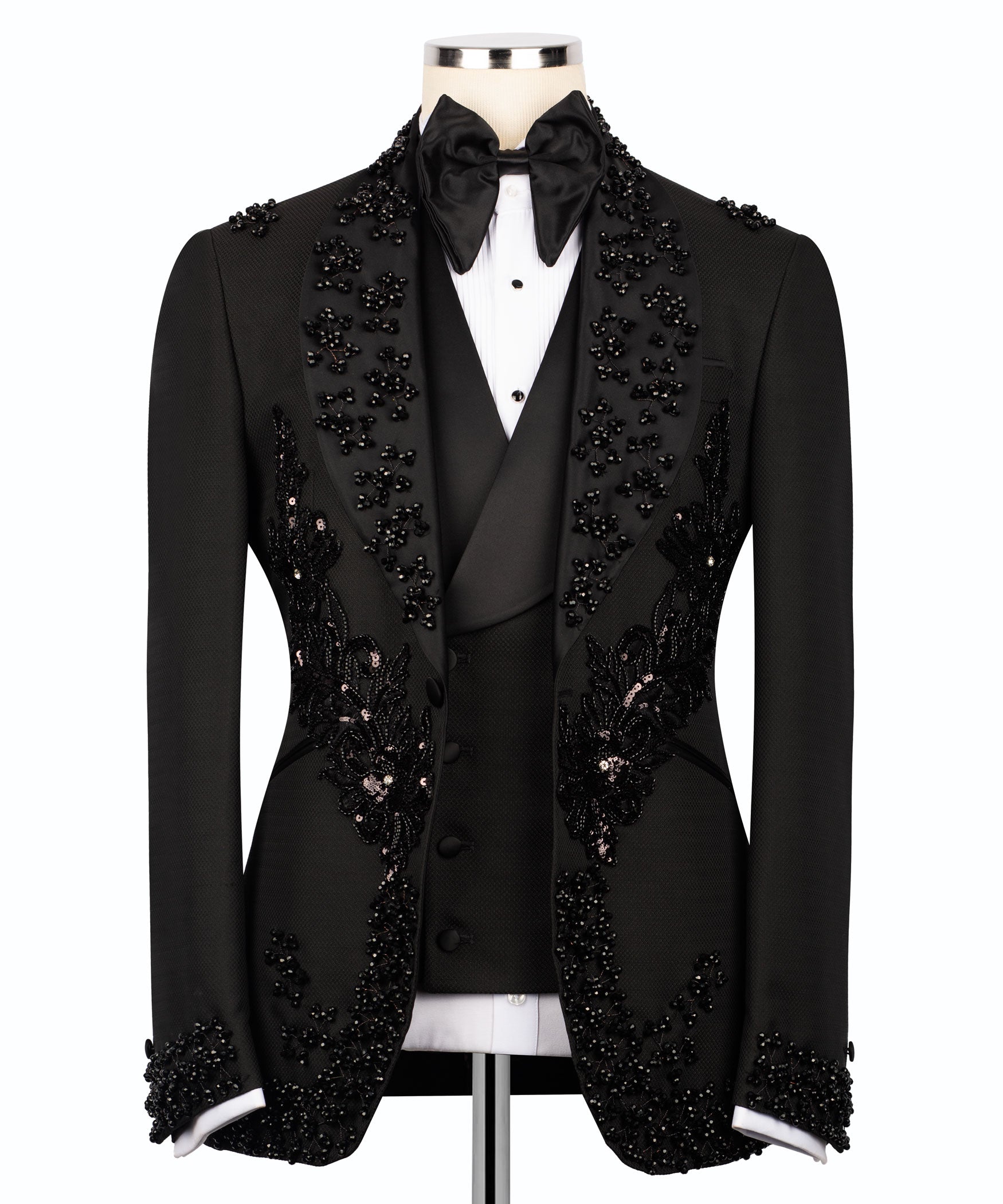 Black tuxedo jacket and vest with dense stone-and-sequin floral embellishment
