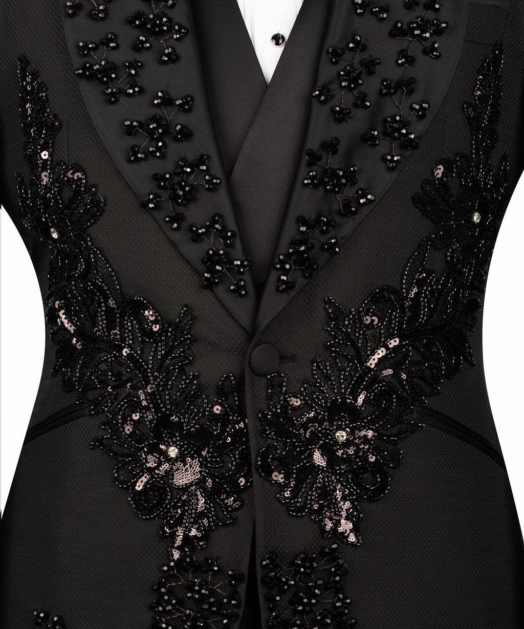 Jeweled floral embroidery on black vest front with tuxedo jacket lapels