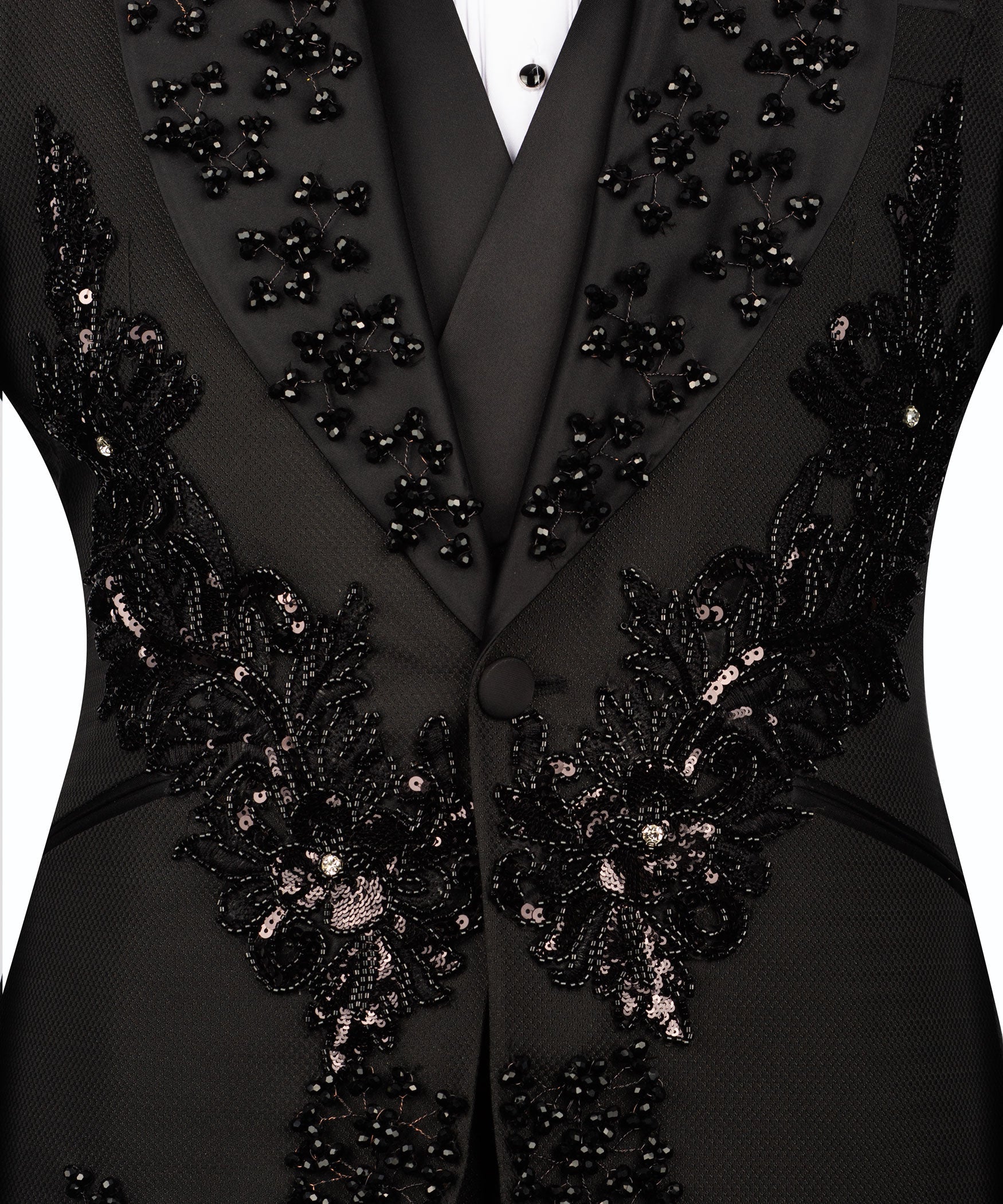 Jeweled floral embroidery on black vest front with tuxedo jacket lapels