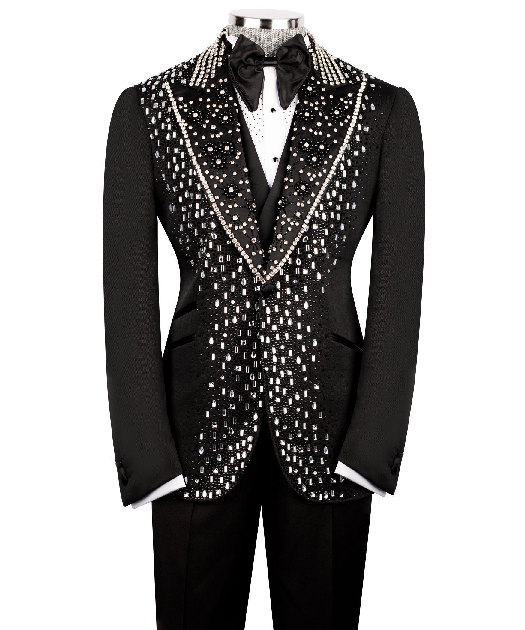 Men's black tuxedo jacket with silver sequin lapels, satin bow tie