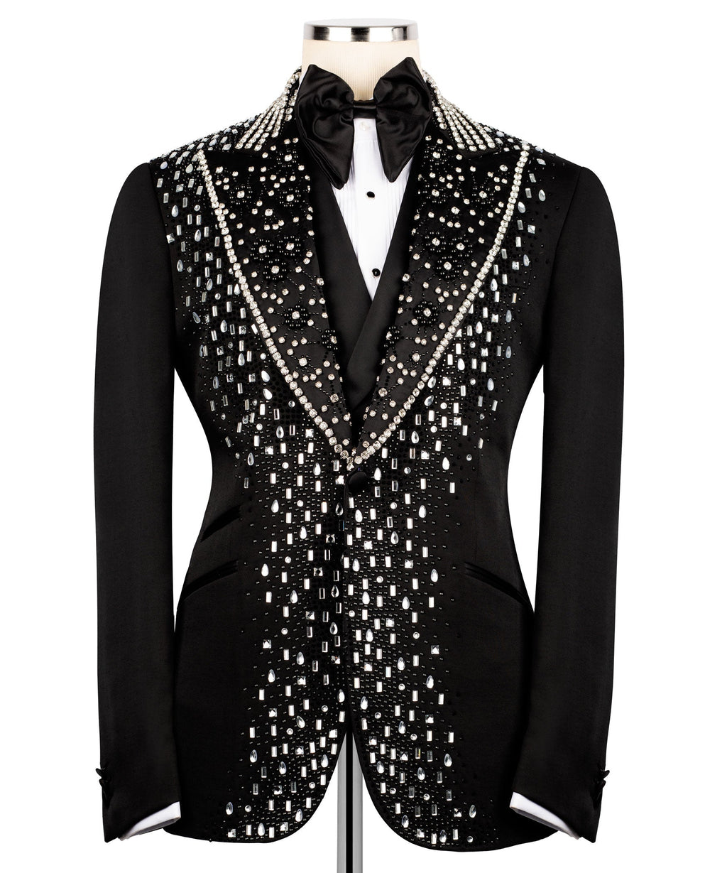 Men's black tuxedo jacket with silver sequin embroidered vest and wide V lapels