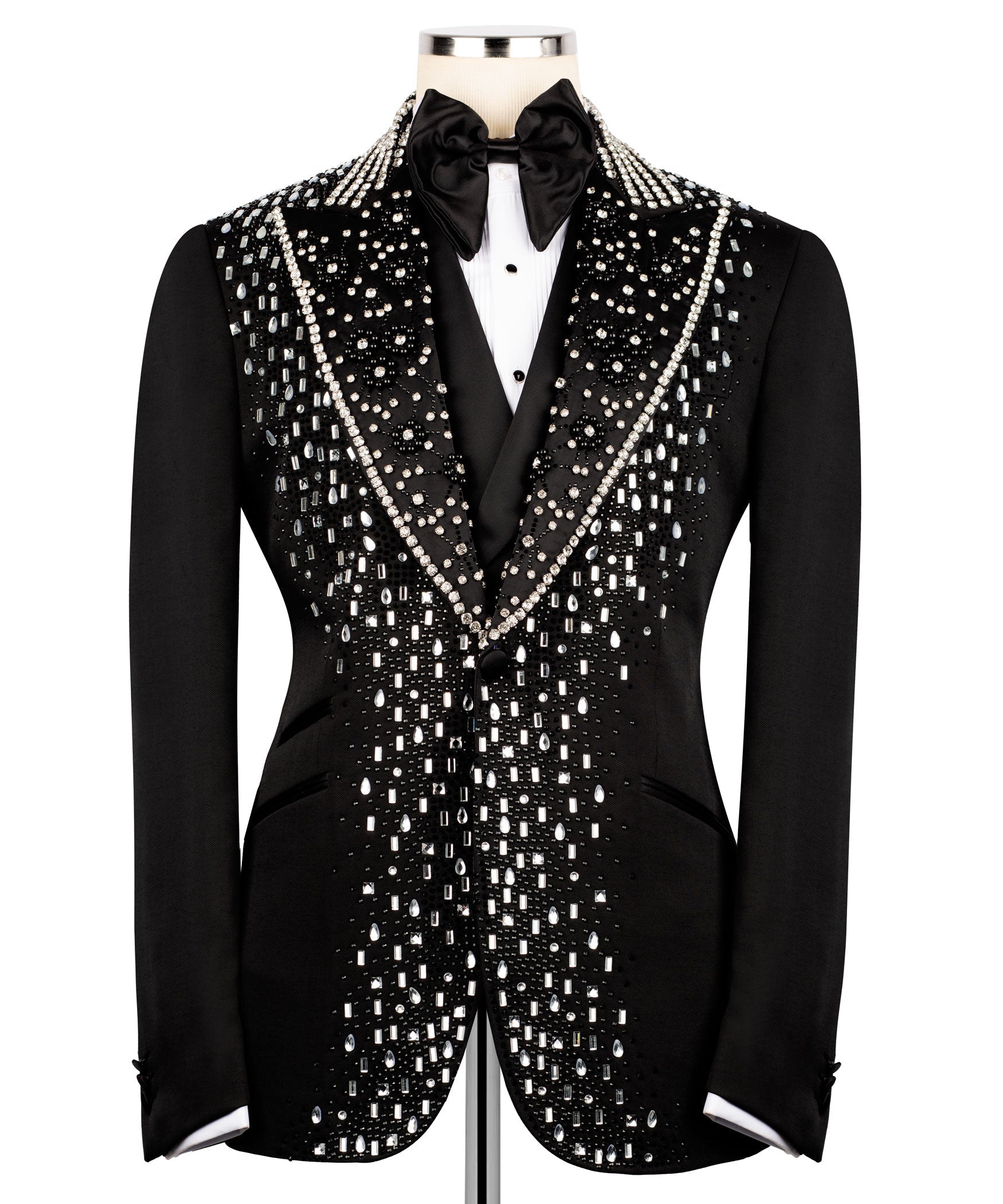 Men's black tuxedo jacket with silver sequin embroidered vest and wide V lapels