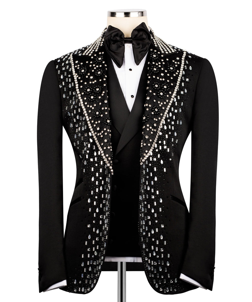 Men's tuxedo jacket front view with silver sequin embroidery and black satin bow tie