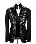 Men's tuxedo jacket front view with silver sequin embroidery and black satin bow tie