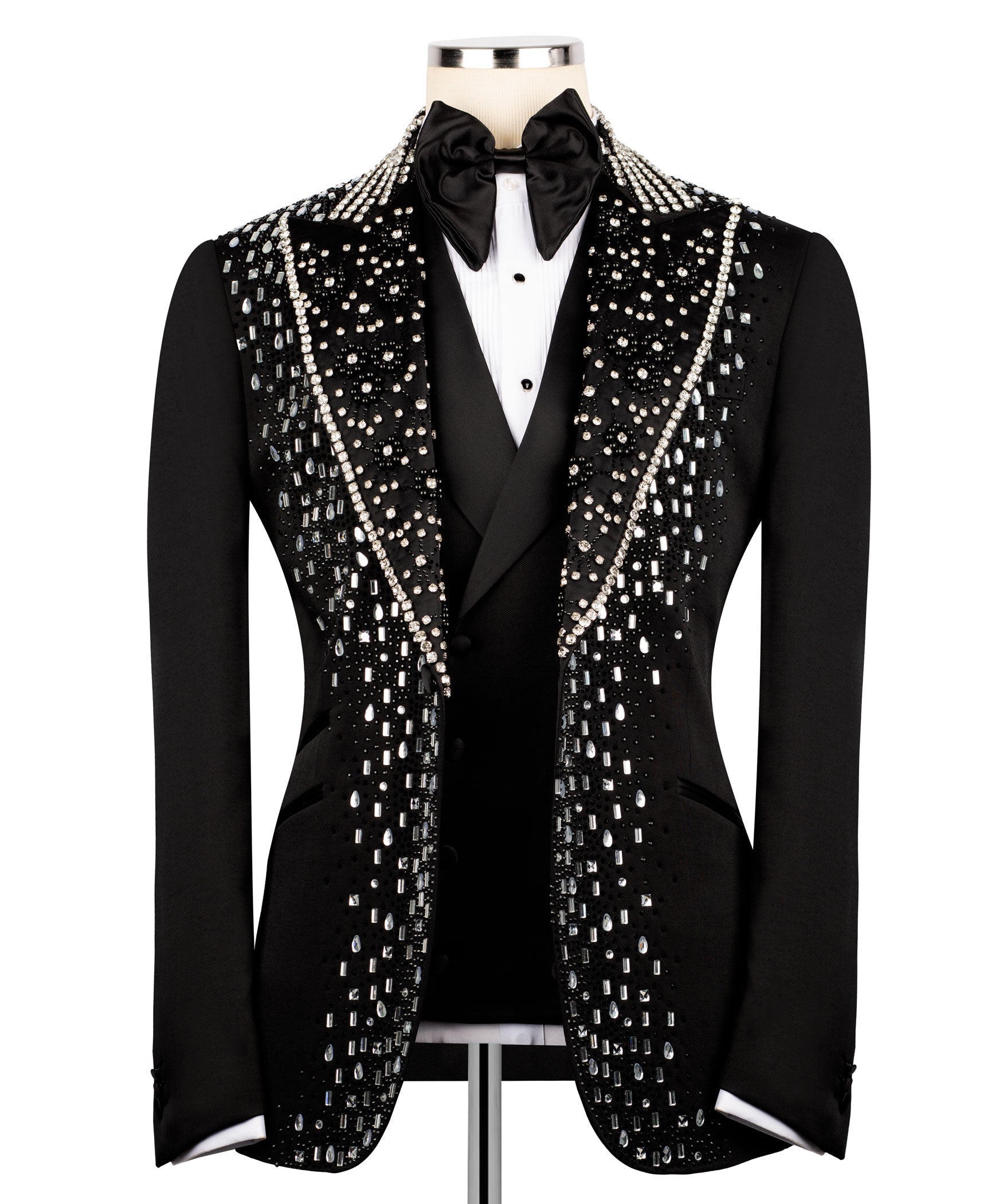 Men's tuxedo jacket front view with silver sequin embroidery and black satin bow tie