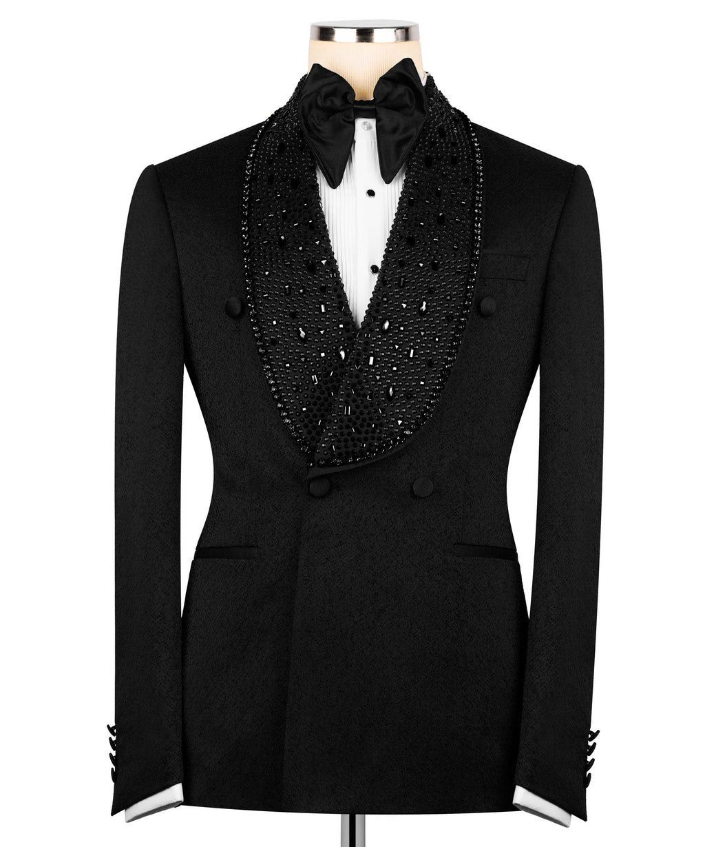 Black tuxedo set with sparkling stone-embroidered front and satin bow tie