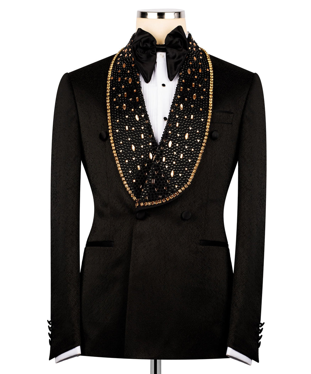 Black tuxedo jacket with gold embroidered trim, double-breasted buttons, bow tie