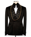 Black tuxedo jacket with gold embroidered trim, double-breasted buttons, bow tie