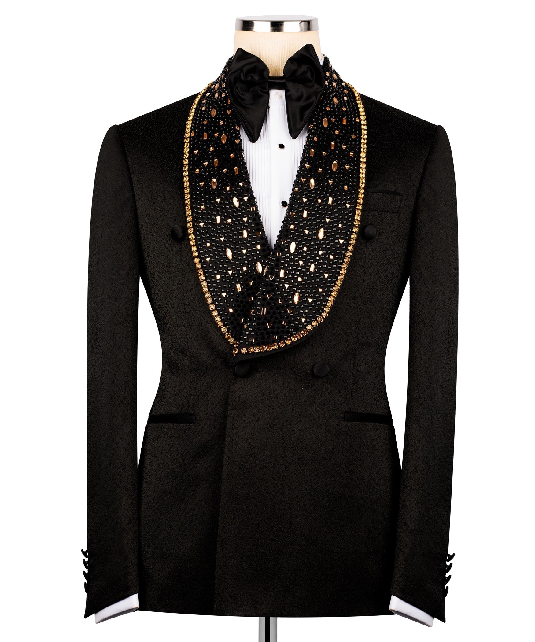 Black tuxedo jacket with gold embroidered trim, double-breasted buttons, bow tie