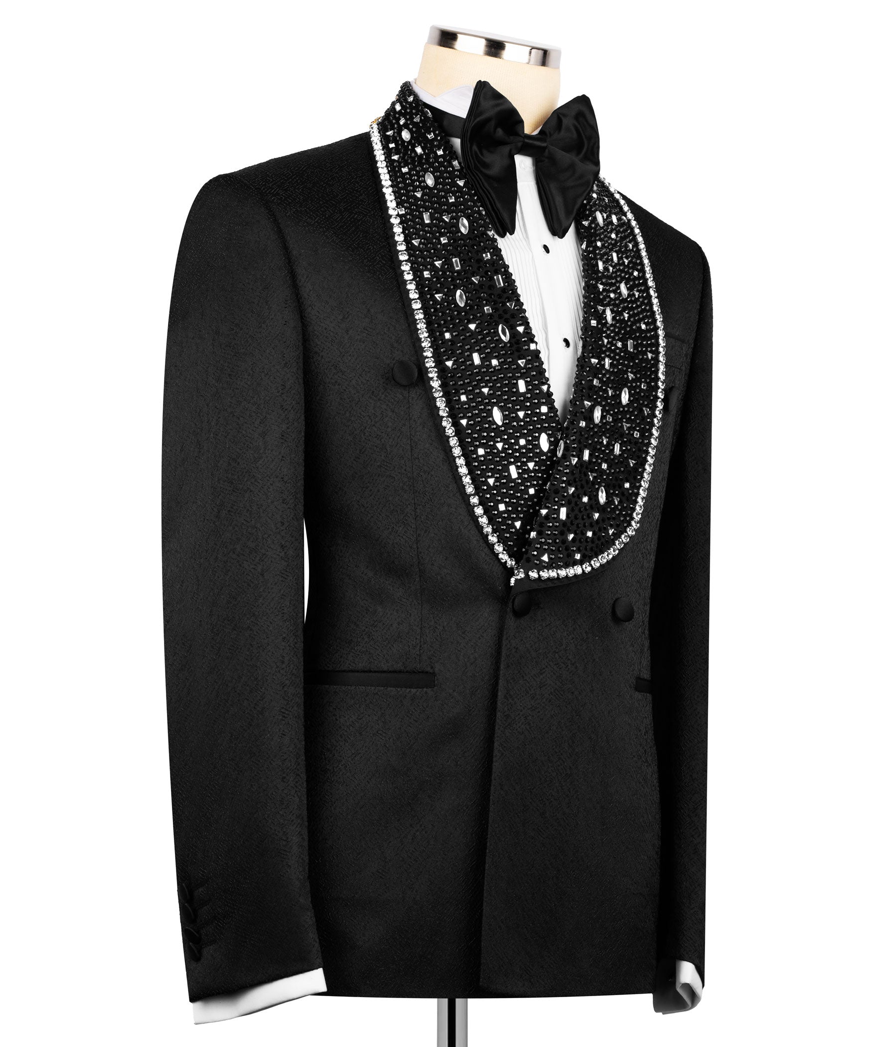 Black formal jacket with stone-embroidered V-lapel trim and satin bow at neck